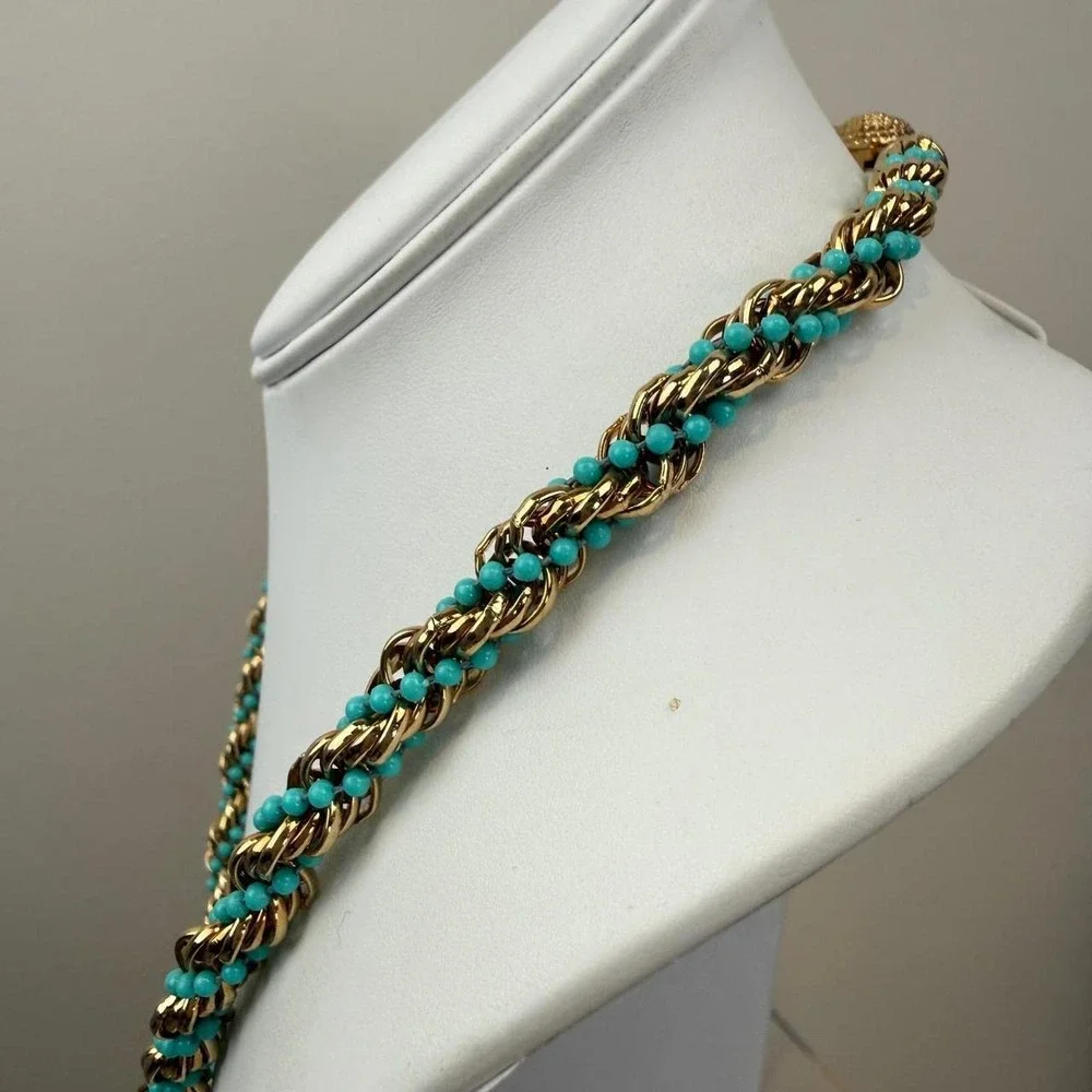 Avon Gold Tone Necklace Turquoise Bead Twisted Rope Statement Retro Design